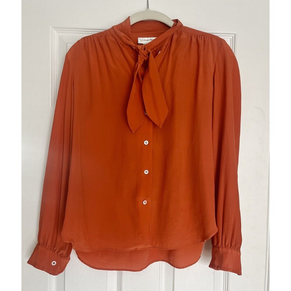 Vintage 70s Evan-Picone Tie-Neck Silky Blouse, Size 10,Made In USA,Burnt Orange